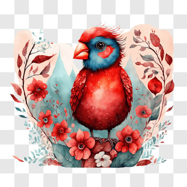 Download Happy Red Cardinal Bird on Flower Branch PNG Online - Creative ...