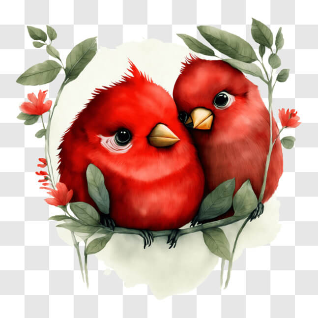 Download Two Red Cardinals Birds on a Wreath of Flowers and Leaves PNGs ...