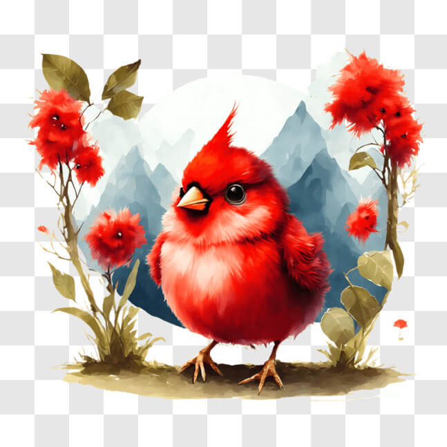 Download Red Cardinal Bird Perched on a Flower with Mountain Backdrop ...
