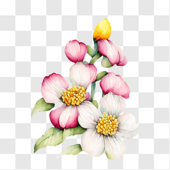 Watercolor Painting of Pink and White Flowers on a Black Background