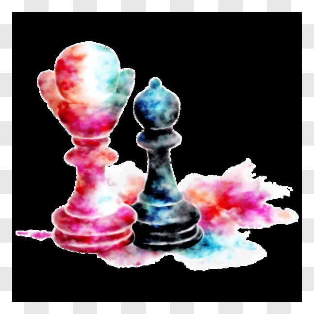 Download Colorful Chess Pieces on Artistic Watercolor Background PNG