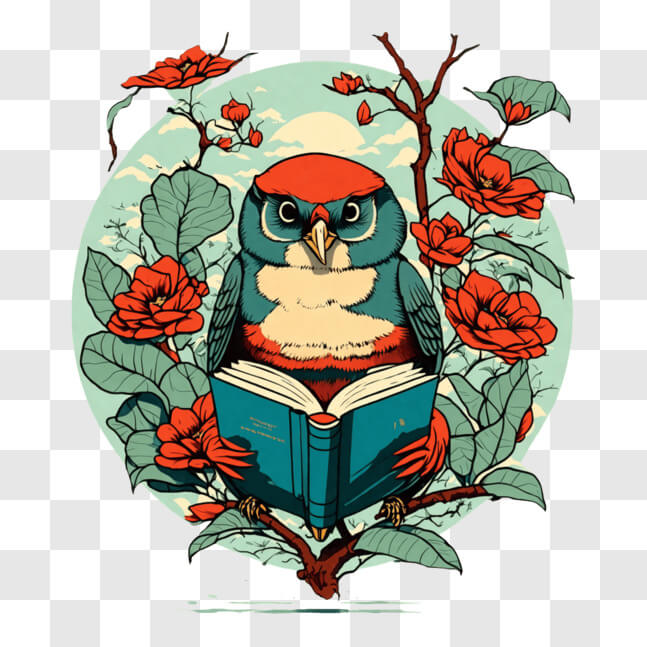Download Owl Reading a Book on Tree Branch with Red Flowers PNGs Online ...