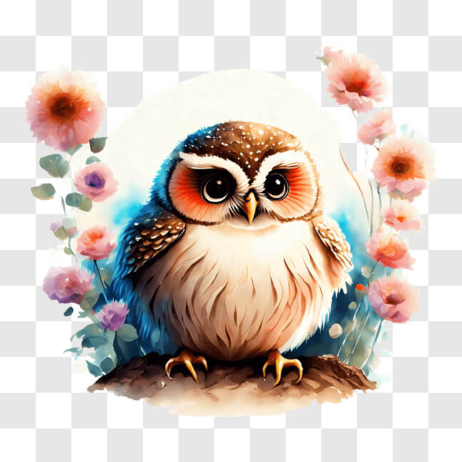 Download Owl sitting on a rock with pink flowers PNGs Online - Creative ...