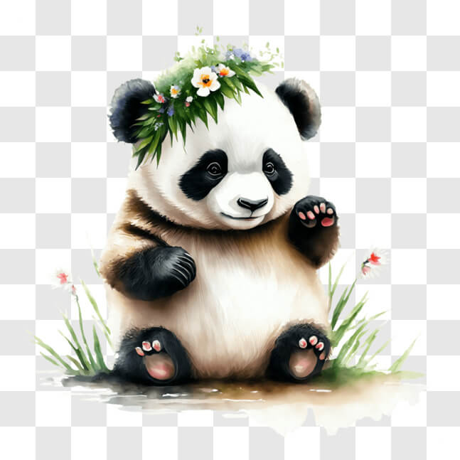 Download Panda Bear Sitting in Grass with Flowers PNGs Online ...