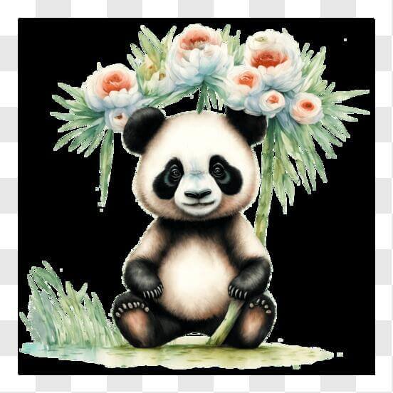 Baixe Urso Panda de Desenho Animado Sentado na Grama com Flores PNG -  Creative Fabrica