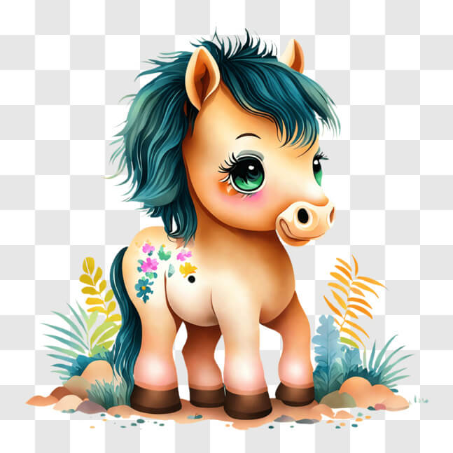 Download Adorable Horse with Blue Hair in a Colorful Garden PNG Online