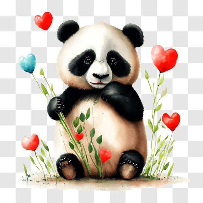 Download Panda Bear Sitting in Grass with Flowers and Hearts PNGs ...