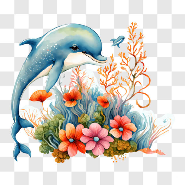 Download Dolphin swimming in the sea with colorful flowers and plants ...