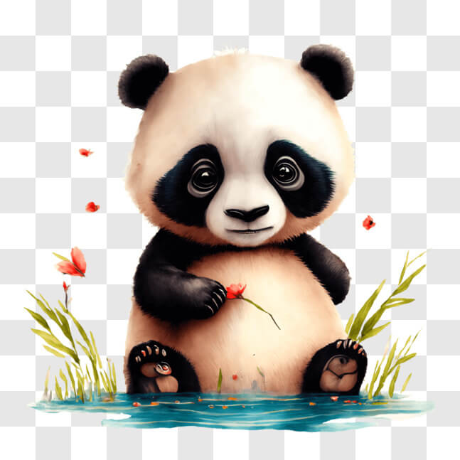 Download Panda Bear in Water with Flowers PNGs Online - Creative Fabrica