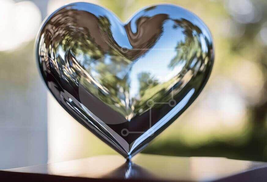 Silver Heart Sculpture on Wooden Base stock photo Creative Fabrica
