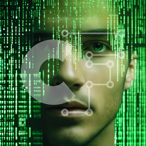 Man met Groene Matrix Code op Gezicht stockfoto | Creative Fabrica