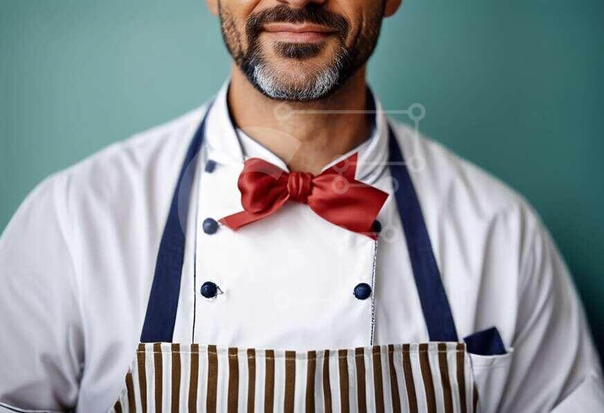 Smiling Chef in Embroidered Hat and Red Bow Tie stock photo Creative