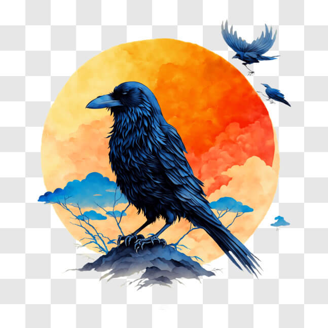 Download Vibrant Nature Painting with Birds and Mountain PNG Online ...