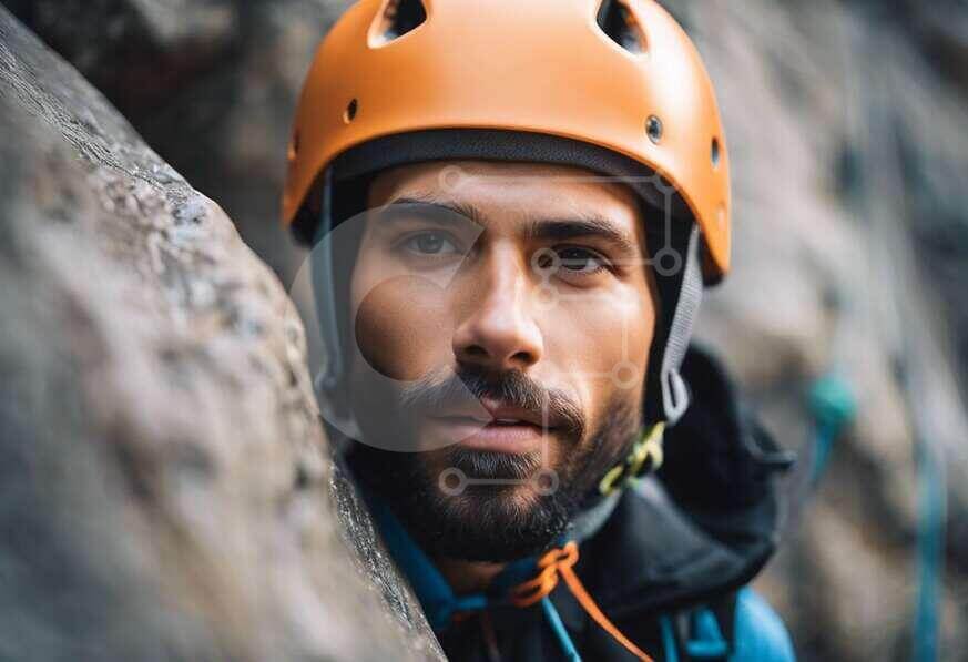 Man in Climbing Gear with Orange Helmet stock photo Creative Fabrica