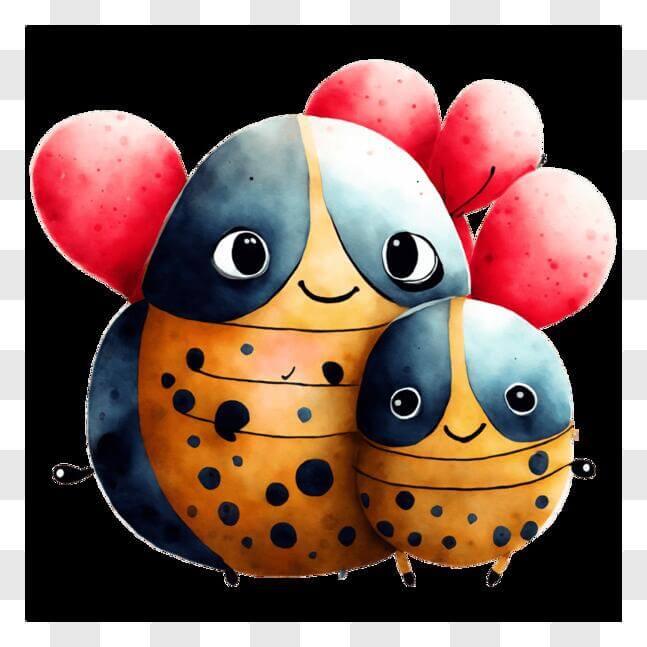 Download Cute Cartoon Bugs Hugging with Red Balloons PNG Online