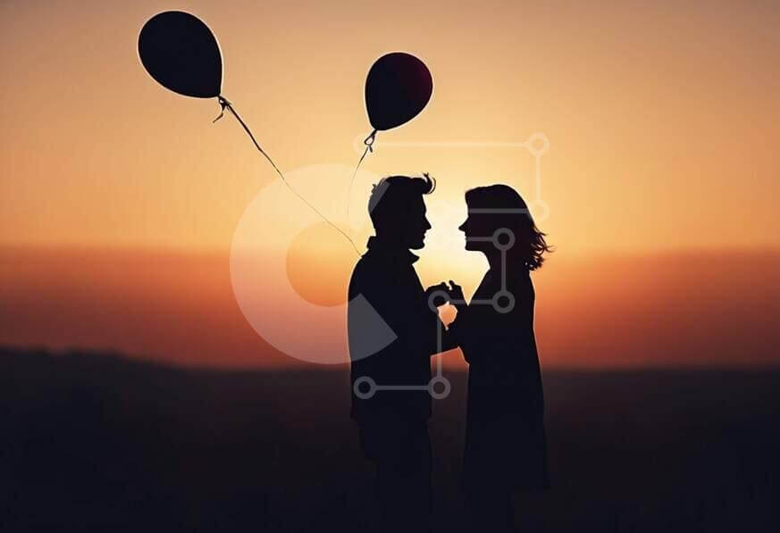 Romantic Sunset Silhouette of Couple Holding Balloons stock photo ...