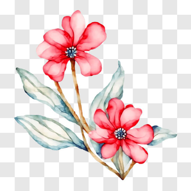 Download Hand-drawn watercolor pink flowers with green leaves on a ...