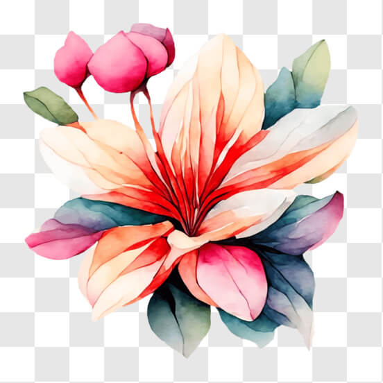 Watercolor Flower with Pink, White, and Green Petals