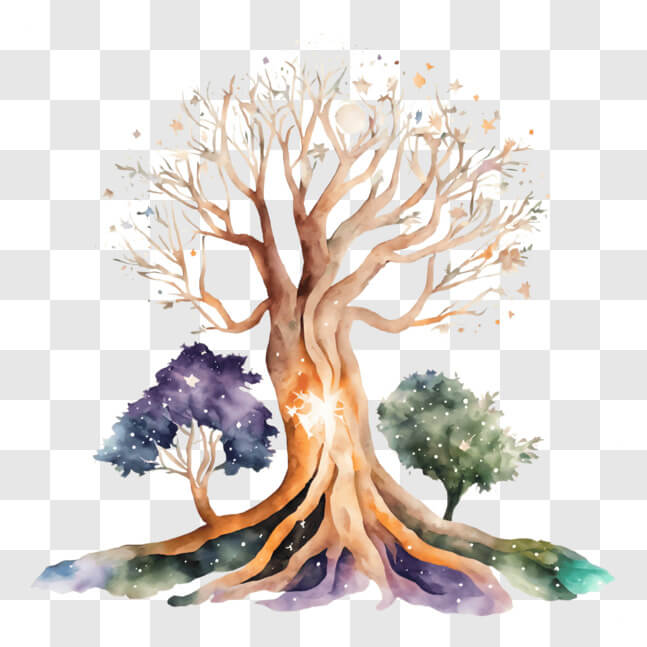 Download Ancient Tree with Roots and Stars PNGs Online - Creative Fabrica