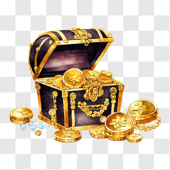 Download Watercolor painting of a treasure chest filled with gold coins ...