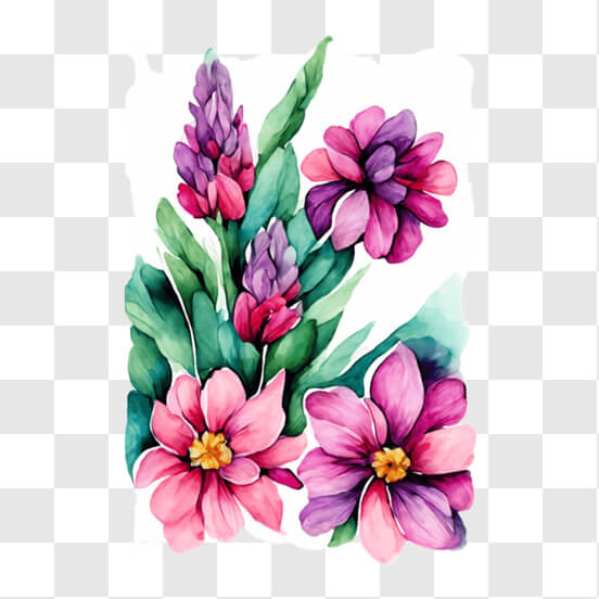 Watercolor painting of pink and purple flowers
