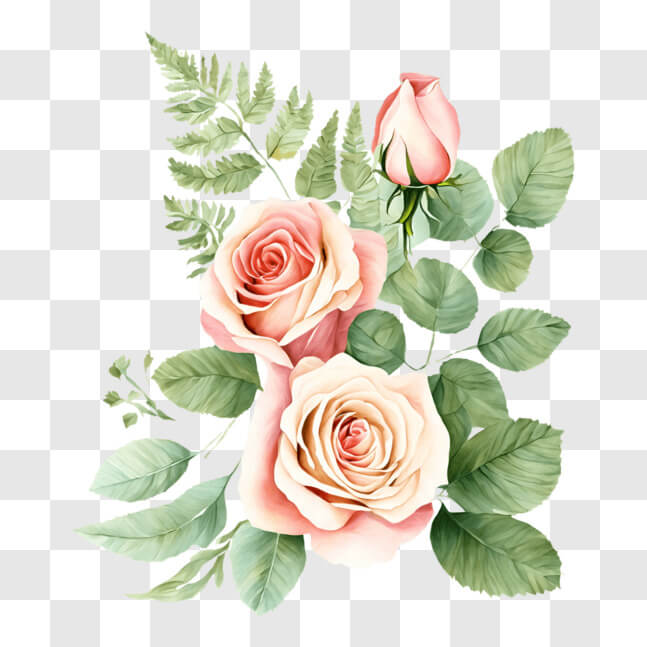 Download Three Pink Roses with Green Leaves and Ferns on a Black ...