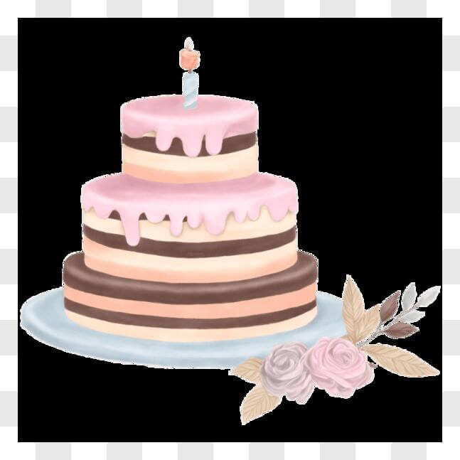 Download Two-Tiered Birthday Cake with Pink and Brown Decorations PNG
