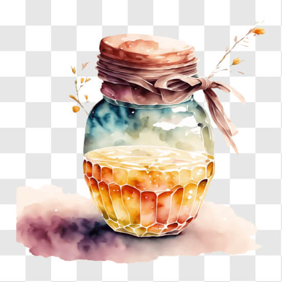 Download Watercolor Painting of Honey Jar with Pink Flowers PNG Online
