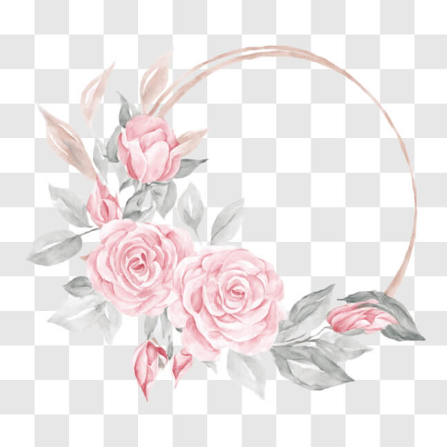 Download Elegant Round Frame with Pink Roses and Green Leaves PNGs ...