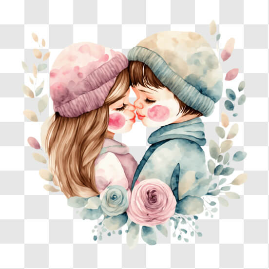 Watercolor painting of two children kissing in a floral arrangement Patterns Watercolor painting of two children kissing in a floral arrangement Patterns thumbnail