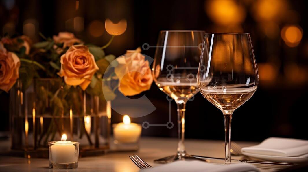 Romantic Dinner Table Setting with Wine Glasses and Candle stock photo ...
