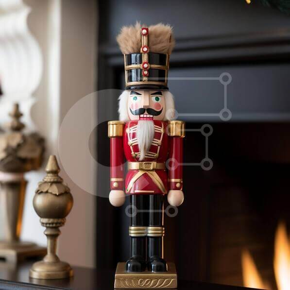 Holiday Decor Nutcracker Figurine on Fireplace Mantle stock photo