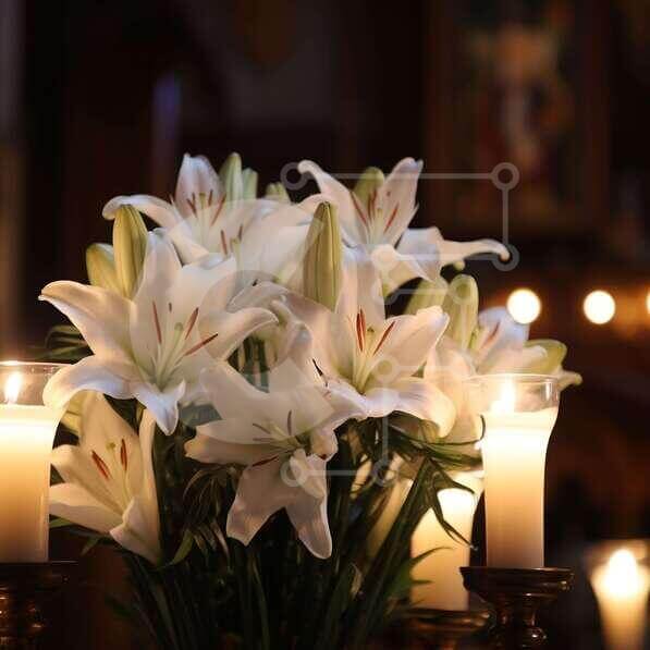 White Lilies and Candles Decoration stock photo Creative Fabrica