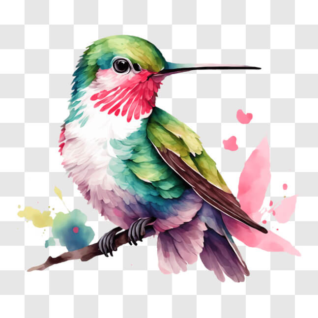 Cheerful Humming Download Colorful Hummingbird on Branch with Flowers and Hearts PNGs ...