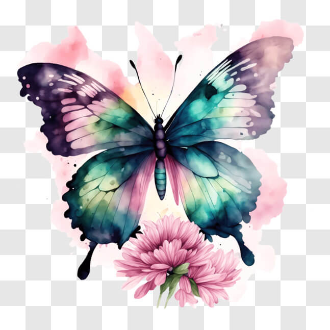 Download Colorful Butterfly Art Piece with Pink Flowers PNG Online