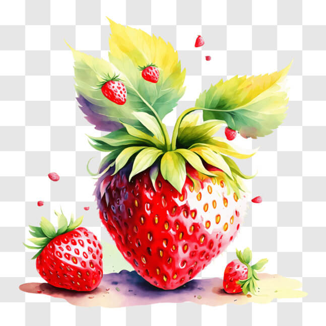 Download Artwork featuring strawberries with green and red leaves PNG ...