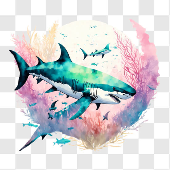 Download Watercolor Painting of Sharks Swimming in the Ocean with ...