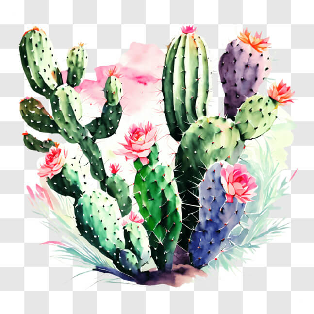 Download Colorful Cactus Plants with Pink Flowers PNG Online - Creative ...