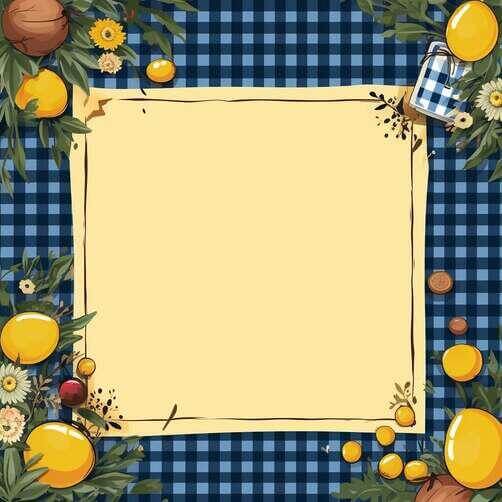 Blue and White Checkered Background with Lemons, Berries, and Flowers Sketches thumbnail