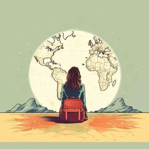 Descarga Mujer Viajera con Mochila y Equipaje Mirando el Mapa Mundial ...