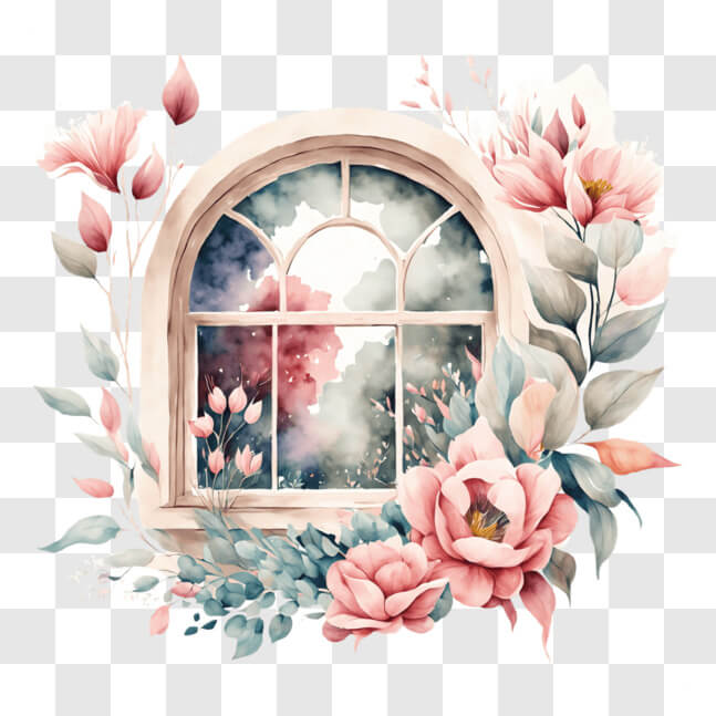 Descarga Ventana arqueada con flores rosas y hojas verdes - Pintura de ...