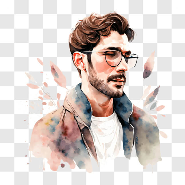 Download Watercolor Portrait of a Man with Glasses PNG Online ...