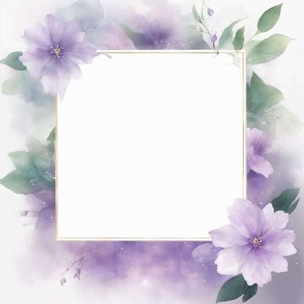 Download Watercolor frame with purple flowers and green leaves on white ...
