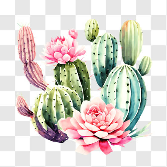 Download Watercolor Cactus Plants with Pink Flowers PNG Online ...