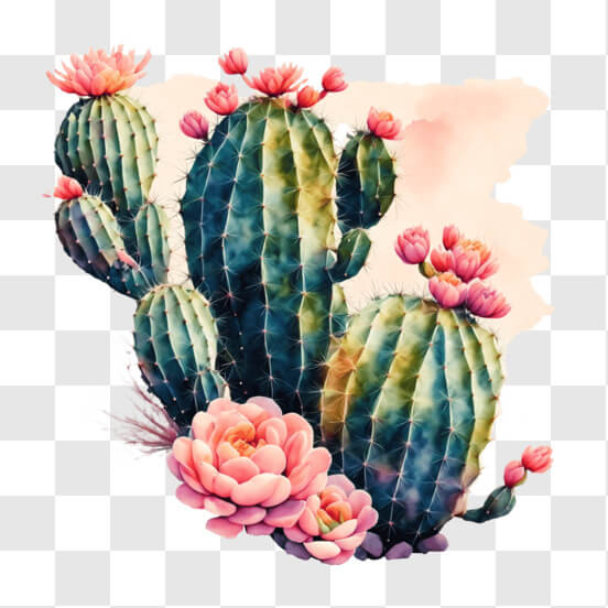 Download Watercolor Cactus Plants with Pink Flowers PNG Online ...