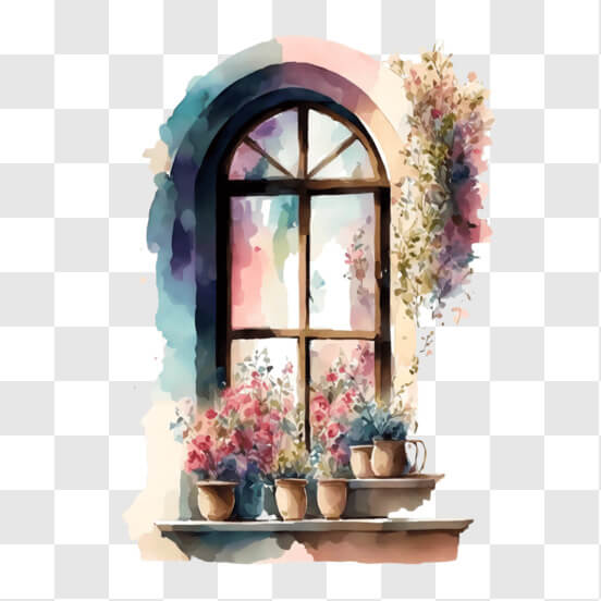 Download Watercolor painting of a window with flowers and greenery PNGs ...
