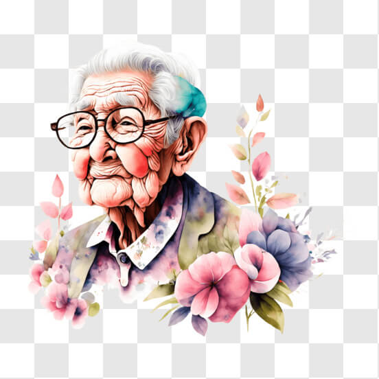 Watercolor Painting of Elderly Woman with Glasses and Flowers
