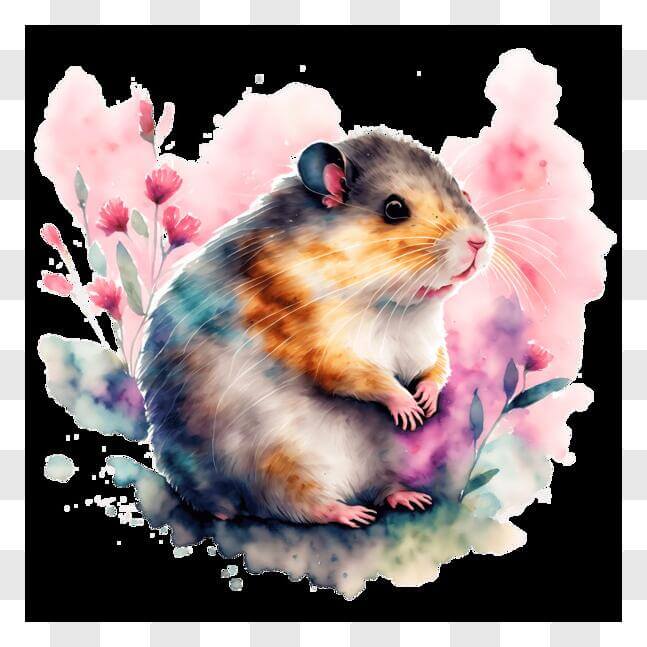 Download Adorable Hamster on Colorful Watercolor Flowers PNG Online ...