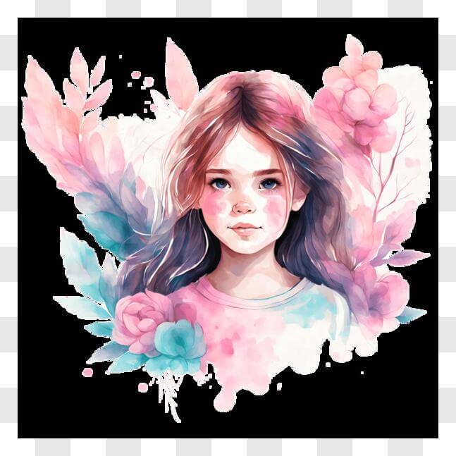 Download Watercolor Painting of Girl with Pink Hair and Flowers
