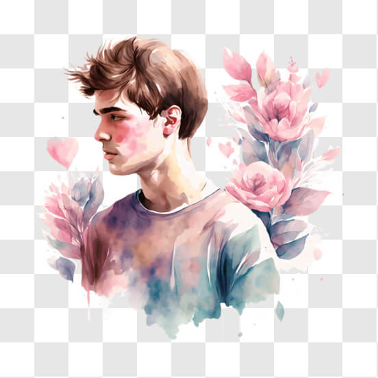 Watercolor Painting of Young Man with Flowers